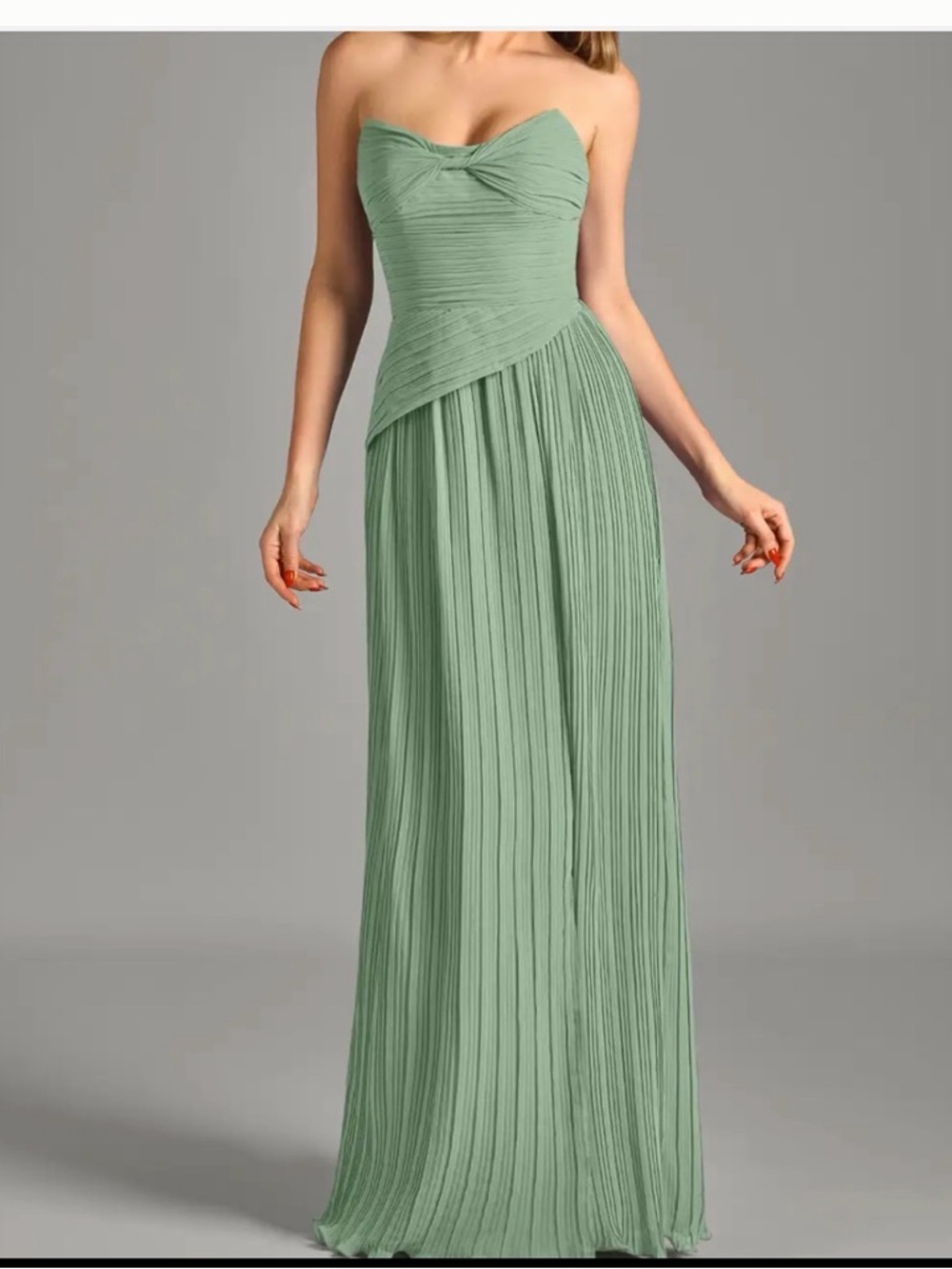 Azazie Strapless Pleated Gown in Sage Green